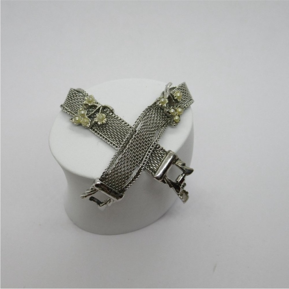 Goldette Silver Mesh Bracelet with Pearl Accents